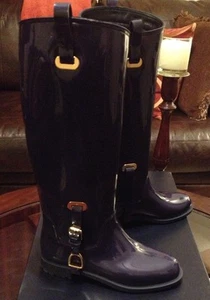 Ralph Lauren Womens Equestrian Rain Rubber Boots Blue Size 6B Made In Italy New - Picture 1 of 12