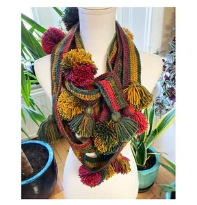 Crochet fancy long pastel multycolors shawl with pompoms - Picture 1 of 7
