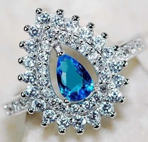 Anillo de plata de ley 925 con topacio azul y topacio de 2 quilates talla 7 y 2-8 - Imagen 1 de 3