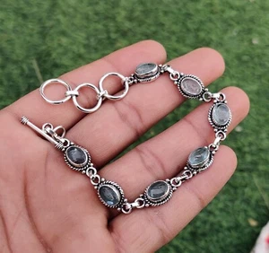Aquamarine Gemstone Bracelet Solid 925 Sterling Silver Handmade Jewelry PG438 - Picture 1 of 8