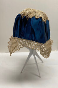 Vintage Crocheted 20's Style Sleep Cap Hat w/Blue Inset - Handmade