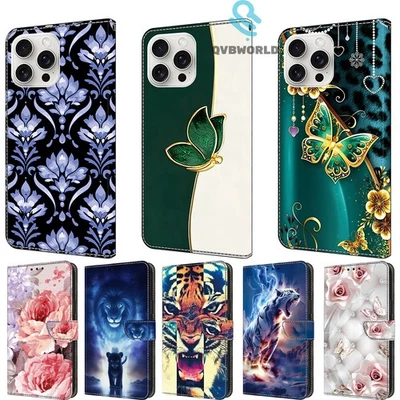 For iPhone 16E 16 Pro 16 15 14 13 12 11 Painting Pattern Wallet Case Phone Cover - Image 1 of 4