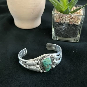 Brazalete Navajo T Platero Turquesa Grande Piedra Pluma Nativo Americano - Imagen 1 de 12