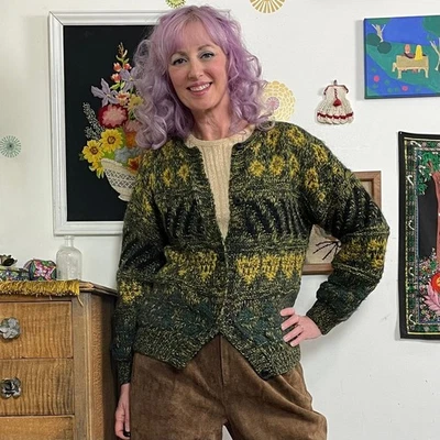 Cárdigan abuelo vintage verde y dorado, suéter delantero tejido a mano años 70 talla L Foto 1 de 4