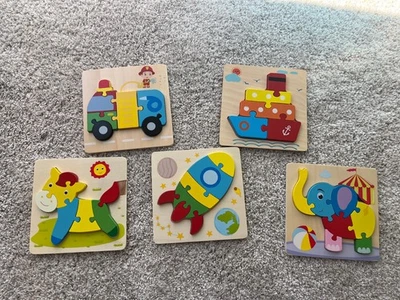 Juego de 5 rompecabezas de madera para niños pequeños juguetes educativos tempranos vehículos Foto 1 de 3
