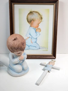 Vtg Lefton Cross, Light, Byi Print A Childs Prayer Bless Us All Praying Boy Set - Picture 1 of 18