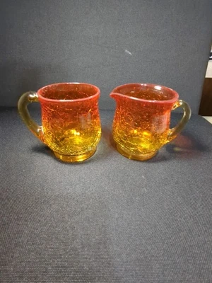 Crema y azúcar de vidrio craquelado naranja y amarillo vintage Foto 1 de 4