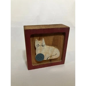 Wooden Cat with Yarn Block Decor Rustic Home Accent Shelf Sitter - Picture 1 of 5