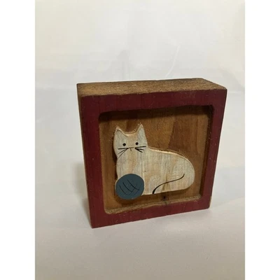 Wooden Cat with Yarn Block Decor Rustic Home Accent Shelf Sitter - Image 1 of 4