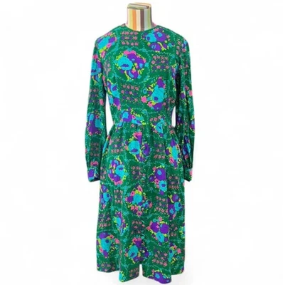 Vintage 60s 70s Day-Glo Psychadellic Floral Neon Ling Sleeve Midi Dress - Image 1 of 4