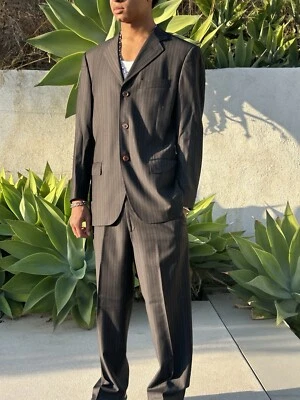 Traje Dolce & Gabbana 40 3 botones marrón a rayas 34x27 3” dobladillo 100 % lana Foto 1 de 4