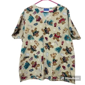 Crest Scrub Top Womens L Holiday Christmas Winter V-Neck Short Sleeve Pocket 109 - Picture 1 of 4