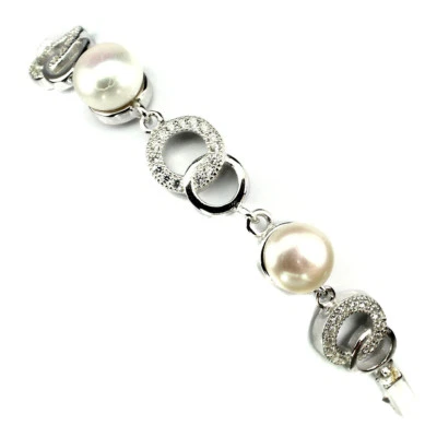 925 Sterling Silver Bracelet Round White Pearl 7mm Gemstone Jewelry 7.5 Inches - Image 1 of 4
