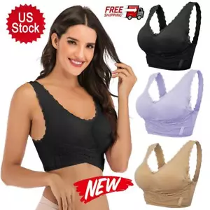Women Wireless Lace Bra Breathable Front Cross Side Buckle Yoga Sports Vest Bras - Picture 1 of 18