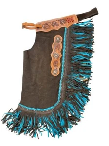 Showman Brown Suede Leather Chinks w/ Mixed Blue Fringe - Picture 1 of 1