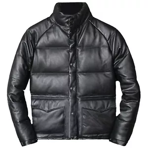Mens Black Puffer Quilted Bubble Genuine Leather Jacket Stylish Outerwear - Picture 1 of 3