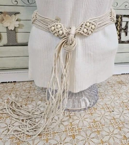 Handmade Macrame Beaded Tie Belt Boho Fringe Hippie,Ivory Beige Vintage - Picture 1 of 12