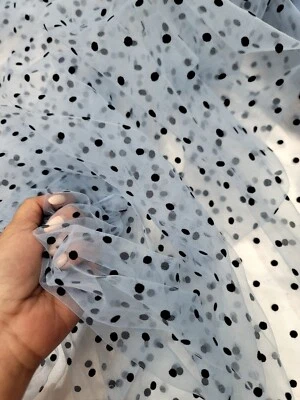 Black Velvet Polka-dot On SKY BLUE Tulle Mesh Fabric Sold By The Yard For Dress  - Image 1 of 4