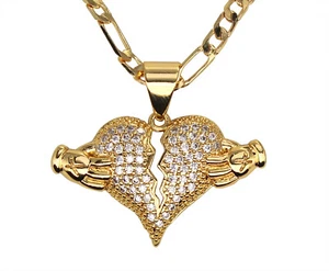 Broken Heart Iced CZ Pendant 20" Figaro Necklace 14k Gold Plated Jewelry  - Picture 1 of 3