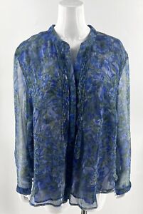 Coldwater Creek Top Plus Size 3X Blue Green Watercolor Pintuck Button Up