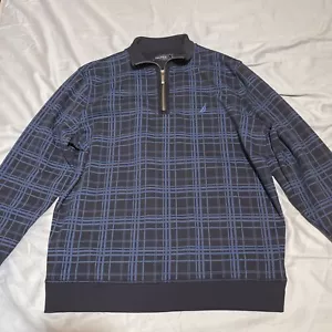 Nautica Men's Navy Blue Quarter Zip XL Fleece Pullover Plaid Sweatshirt L/S - Picture 1 of 9