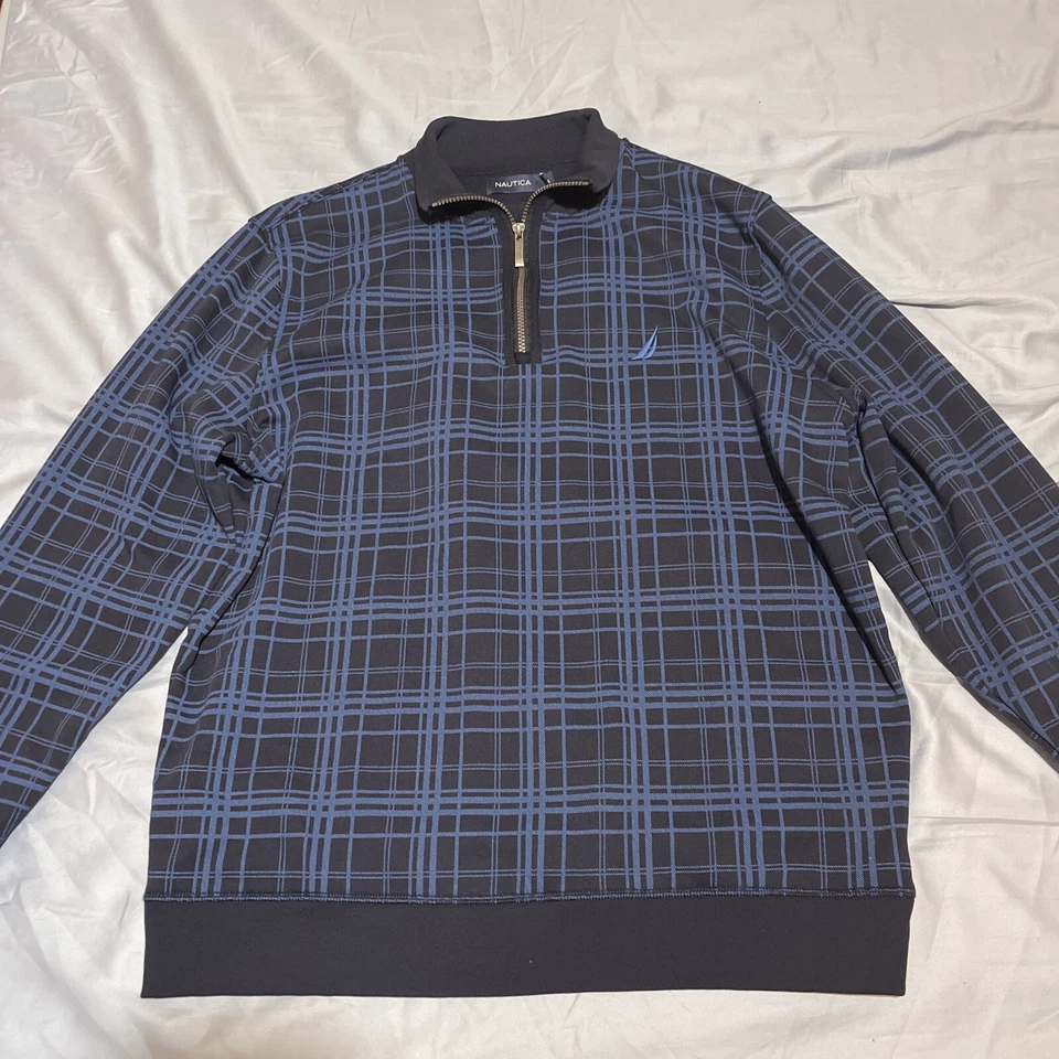 Nautica Men's Navy Blue Quarter Zip XL Fleece Pullover Plaid Sweatshirt L/S