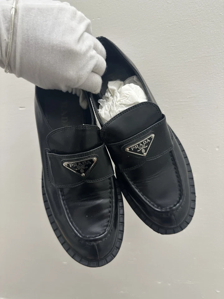 Prada Leather Triangle Logo Loafers EU 7 US 7 WOMEN Black - Image 1 of 4