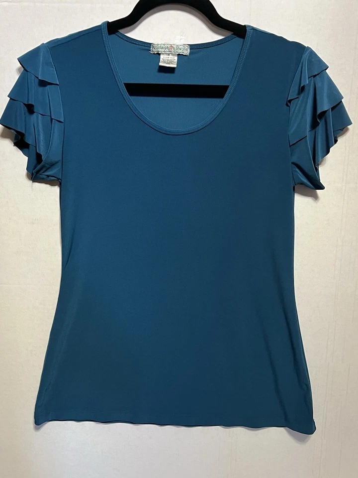 Nuevo sin etiquetas Top Susie vintage verde azulado elástico para mujer con mangas con volantes talla S Foto 1 de 1