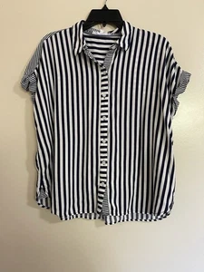 Blusa Top Jane + Delancey Manga Azul y Blanco Rayas Botones Talla XL - Imagen 1 de 5