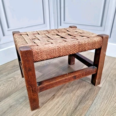 Vintage Rush Footstool - Solid Wooden Oak Framed Rope Top Foot Stool - Rustic - Image 1 of 4
