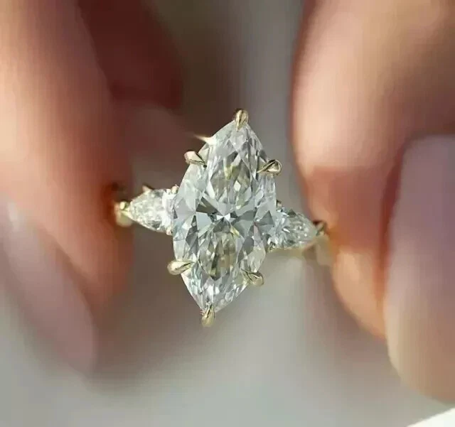 3Ct Marquise Cut Lab Created Diamond 14K Gold Finish Three-Stone Engagement Ring - Image 1 of 4