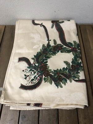 Holiday Christmas Waterford Tablecloth Holly Berries  Ribbon 58x82" VNT Cream - Image 1 of 4