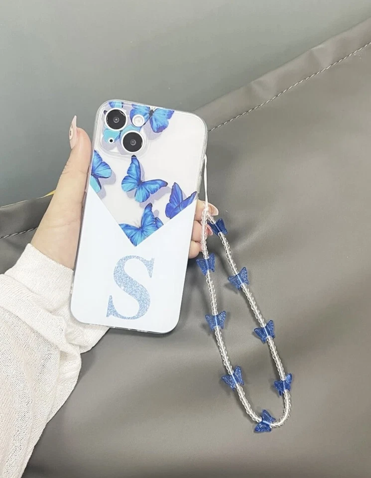CUSTODIA, COVER IPHONE 13 CON MOTIVO FARFALLA E CORDINO , SFONDO BIANCO. - Immagine 1 di 1