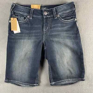 Silver Jeans Suki Mid Bermuda Blue Jean Denim Shorts Womens 29x11 Distressed NWT - Picture 1 of 12