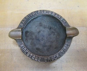 FIRESTONE TRUCK TIRES HARRISBURG BRANCH Old Bronze Advertising Ashtray Sign Tray - Picture 1 of 12