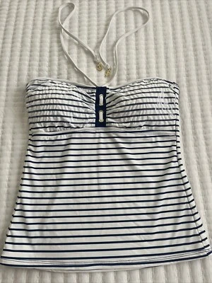二手状况完好 Sperry 上装泳装 Tankini Top M 中号头巾海军蓝/白色条纹 — 第 1/4 张图片