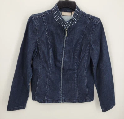 Chicos 0 Chaqueta Mujer Pequeña Azul Denim Cuello Tachonado Cremallera Recortada Boho Foto 1 de 4