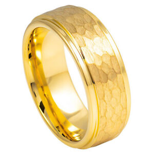 Men Women Tungsten Hammered Center with Stepped Edged Yellow IP Plated 8mm Ring