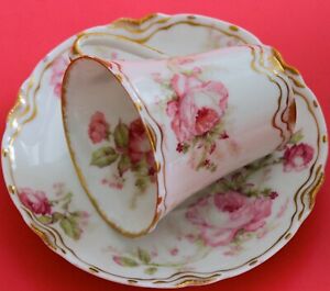  Antique HAVILAND LIMOGES Chocolate Cup Saucer Large Pink Roses *Schleiger 257 