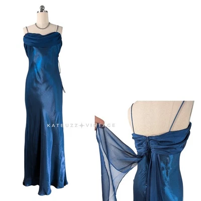 Vintage Prom Dress Maxi Gown 14 Blue Fairy Princess 90s Y2K Cowl Satin Ruffle - Image 1 of 4