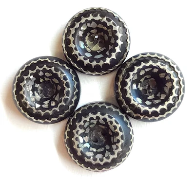 Matched Set of 4 Antique Horn Whistle Buttons ~ White Metal & MOP Inlay ~ 11/16" - Image 1 of 4