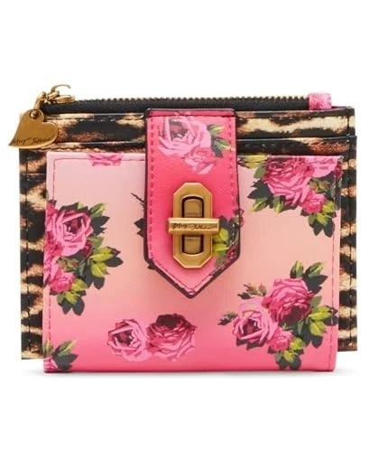 Cartera Betsey Johnson Kitsch Leopardo Floral Doble Plegable Cierre Giratorio Oro Rosa Foto 1 de 4