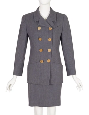 Chanel 1992 F/W Gris Lana Doble Pecho Vintage Chaqueta Falda Traje S M Foto 1 de 4