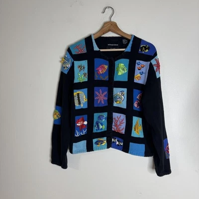 Cárdigan suéter vintage Michael Simon para mujer grande con cuentas de pescado Sea Life años 2000 Foto 1 de 4