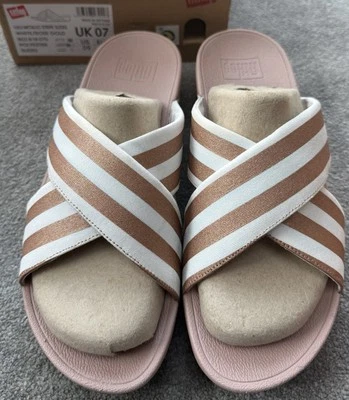 Fitflop Lulu Metallic Stripe Slides - White/Rose Gold - Size UK 7 - Image 1 of 4