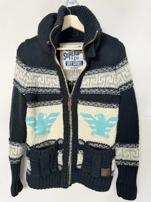 SUPERDRY Mens Chunky Knit Navy Zip Cardigan Jacket M Aztec Navajo Native Eagle - Image 1 of 4