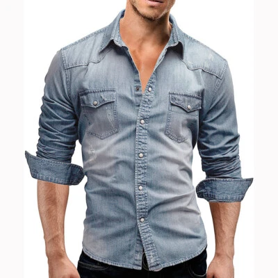 Mens Denim Shirts Casual Long Sleeves Jeans Luxury Camisas Multicolor Shirts Top - Image 1 of 4