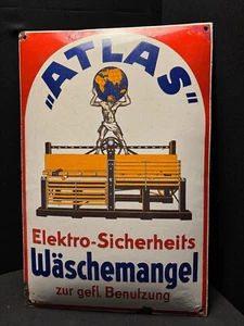 "ATLAS" Elektro-Sicherheits Wäschemangel Emailleschild 60 x 40 cm - D um 1930 - Bild 1 von 4