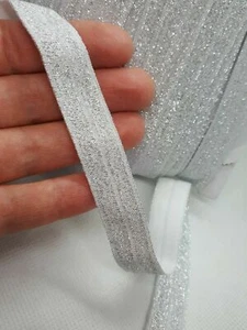 50 Yards Fold Over Foe Elastic Soft Shiny Glitter Silver Headbands Dress 16 mm - Picture 1 of 4