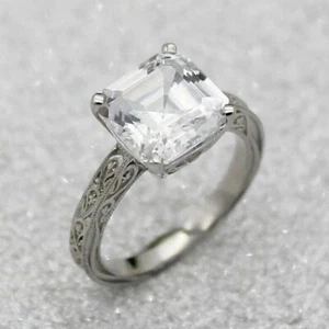 Art Deco Asscher Cut Lab Created Diamond Wedding Ring 14k White Gold Finish Ring - Picture 1 of 7